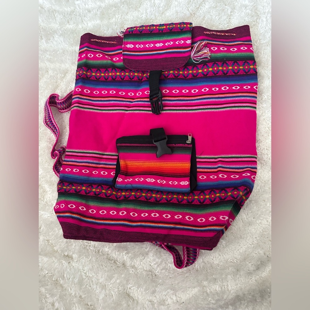 Boho Woven Baja Pink Striped Backpack Tribal Geometric Festival Rucksack - Picture 2 of 9